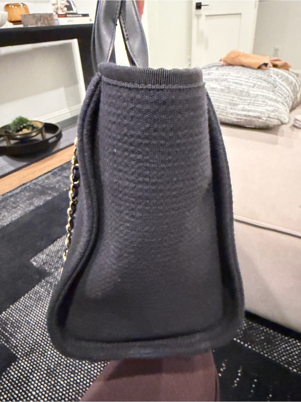 CHANEL Black Canvas Tote with Leather Handles and Gold Chain Accents - Picture 7 of 14